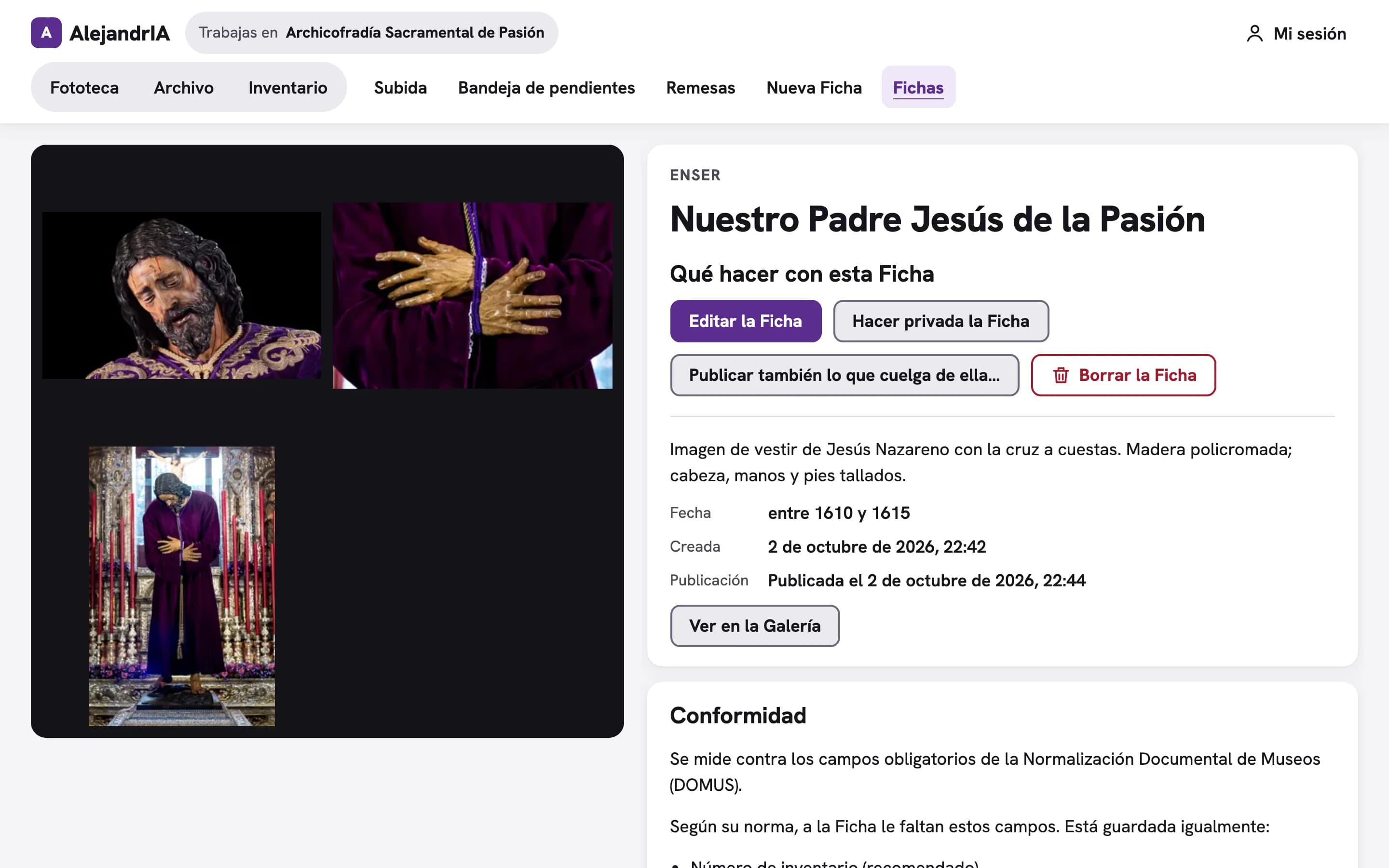 La Ficha del Enser «Nuestro Padre Jesús de la Pasión», con sus tres imágenes.